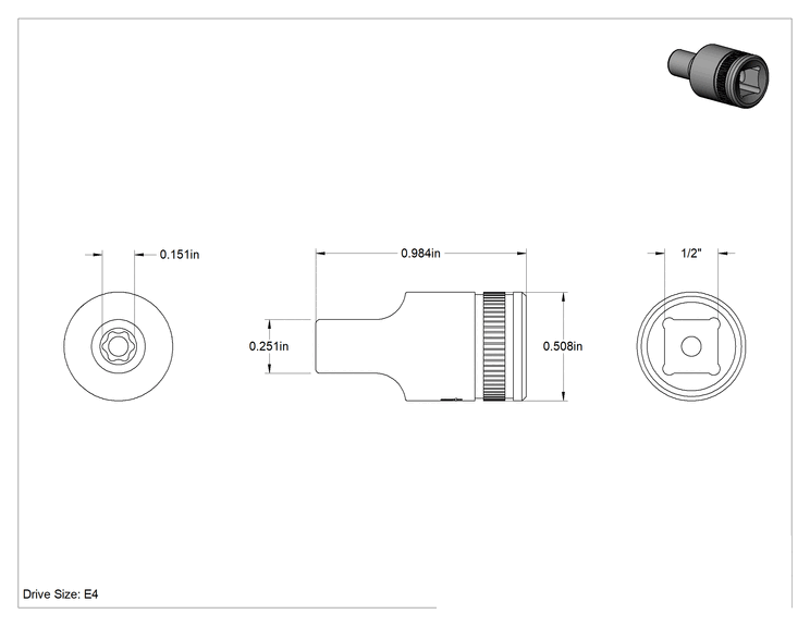 Teknik Çizim - Dış Torx Soket, 1/4" Kare Tahrik, E4 Tahrik Boyutu