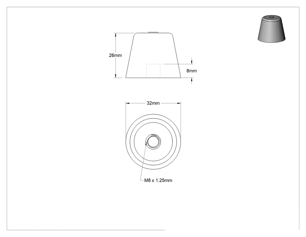 Teknik Çizim - Yük Kapasiteli Güçlendirilmiş Dişli Tampon, Buna-N, Çelik Taban Plakası, M8 x 1.25mm Delik, 200 lbs. Maksimum