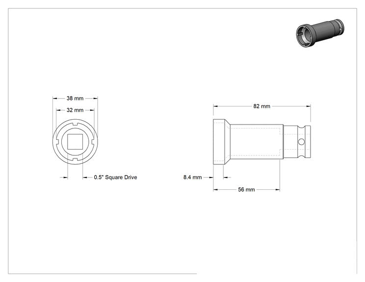 Teknik Çizim - Anahtar Soketi, 4-Pin, 1/2" Kare Tahrik, 32 mm Boyut, 82 mm Toplam Uzunluk
