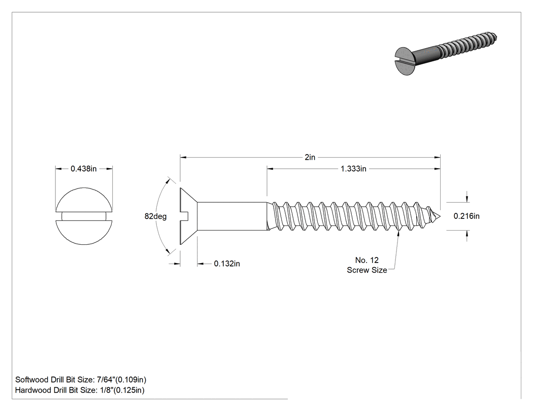 Teknik Çizim - 18-8 Paslanmaz Çelik Ahşap için Yivli Havşa Başlı Vidalar, 12 Numaralı Boyut, 2" Uzunluk