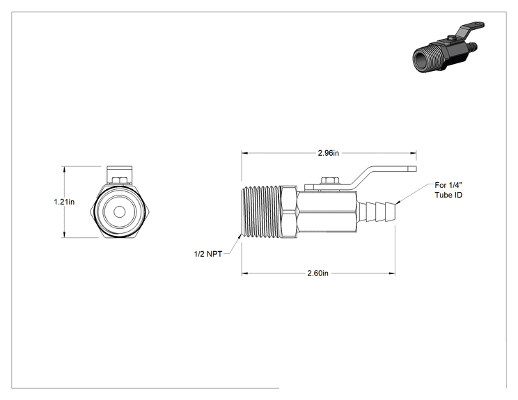 Teknik Çizim - Pirinç Gövdeli Açma/Kapama Vanası, 1/2 NPT Erkek x 1/4" İç Çaplı Boru için Standart Tırnaklı Bağlantı Elemanı