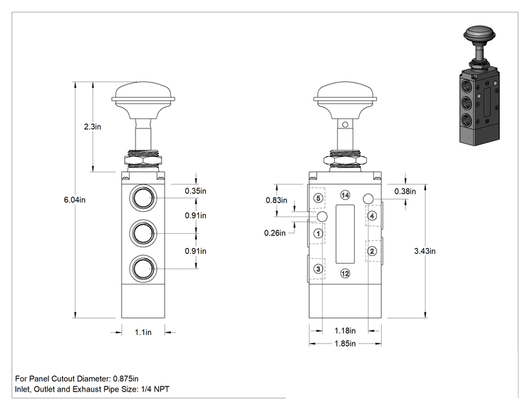 Teknik Çizim - Hava Yön Kontrol Vanası, El ile Geri Dönüş Çalıştırma, 1/4 NPT, 32.5 scfm