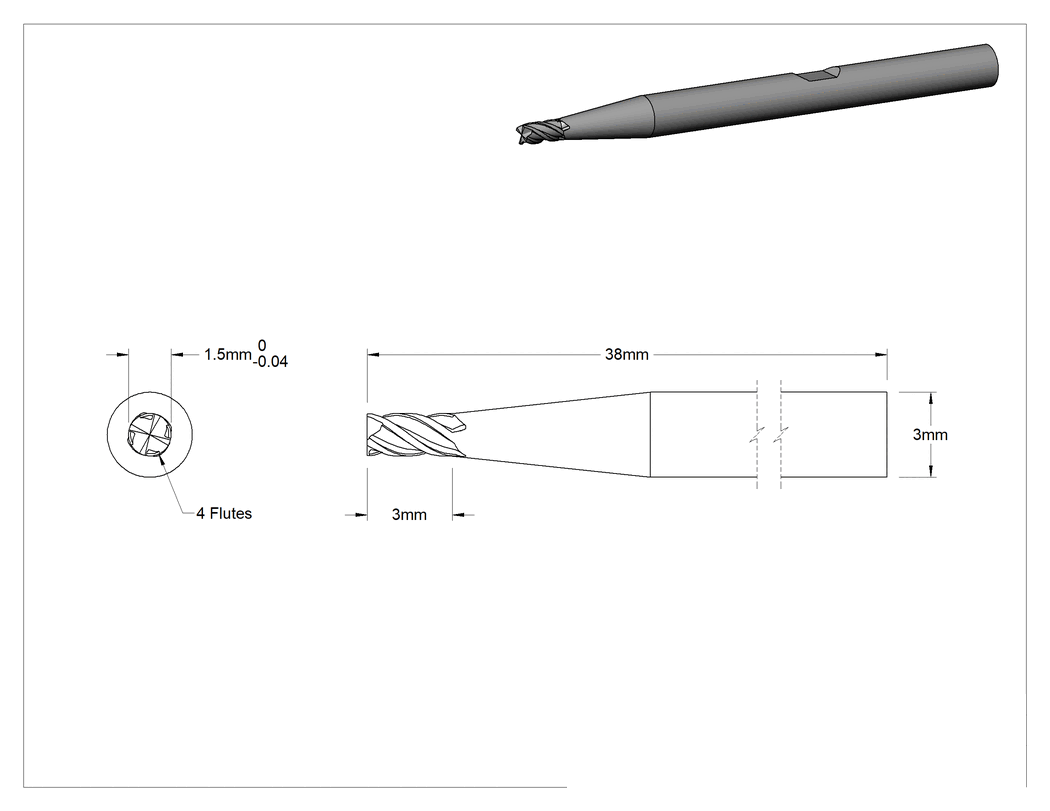 Teknik Çizim - Hızlı Kesim Karbür Uçlu Freze, Kare, TiAlN Kaplamalı, 4 Kanallı, 1.5 mm Freze Çapı, 3 mm Uzunluk Kesim