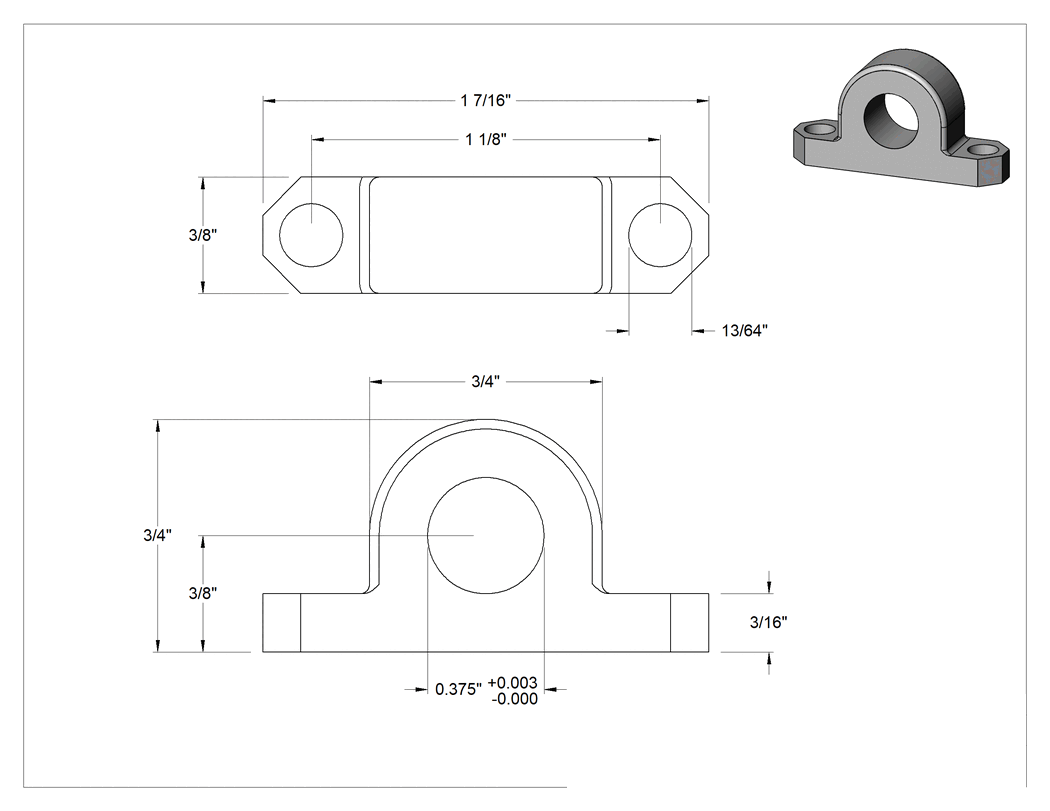 Teknik Çizim - Taban Montajlı Rulman Muhafazası, 3/8" Genişlik ve 0.375" Dış Çaplı Rulman için