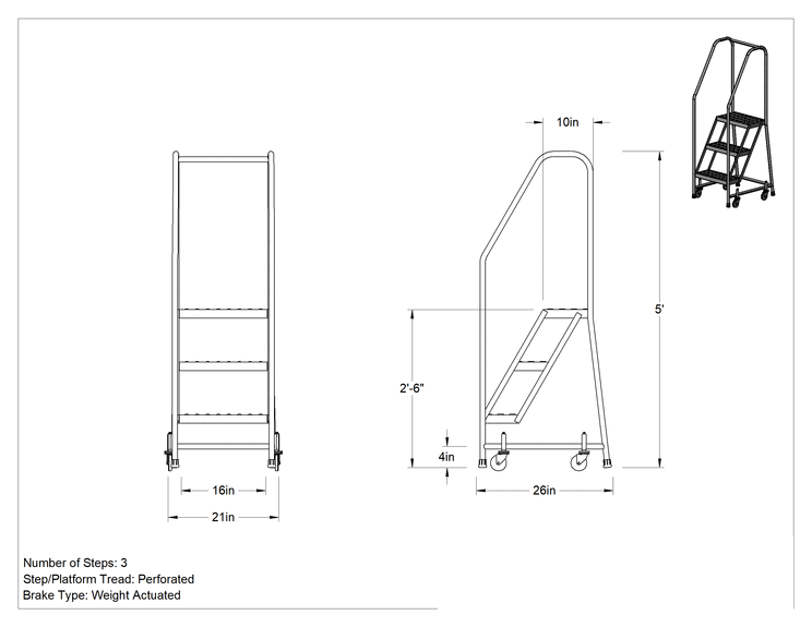 Teknik Çizim - Yuvarlanan Platform Merdiveni, 3 Delikli Basamaklı, 5' Yükseklik x 21" Genişlik x 26" Derinlik Toplam
