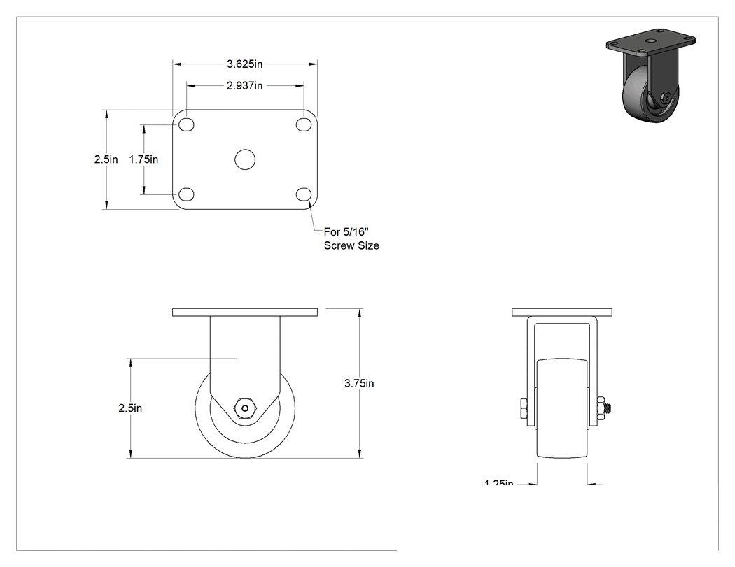 Teknik Çizim - Paslanma ve Aşınmaya Dayanıklı Tekerlek, 2-1/2" Çaplı Kauçuk Tekerlekli Sert