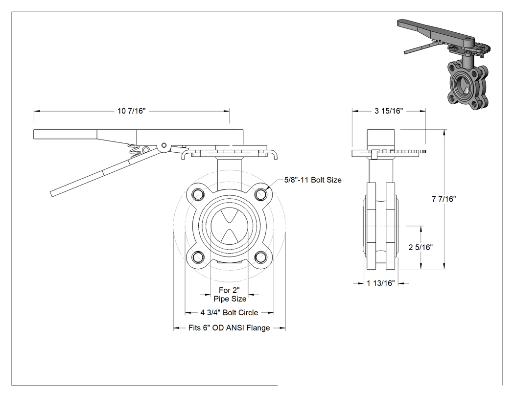 Teknik Çizim - 316 Paslanmaz Çelik Akış Ayar Pabuçlu Vana, Kol Tutacağı, 2 Boru Boyutu, Su için, Yağ ve Hava, Buna-N Yuvası