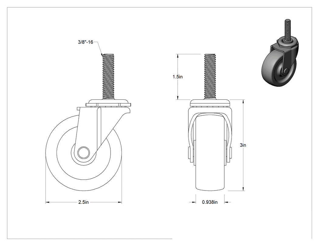 Teknik Çizim - Statik Kontrol Döner Tekerlek, 2-1/2" Çapında Kauçuk Tekerlekli 3/8"-16 Dişli Şaft