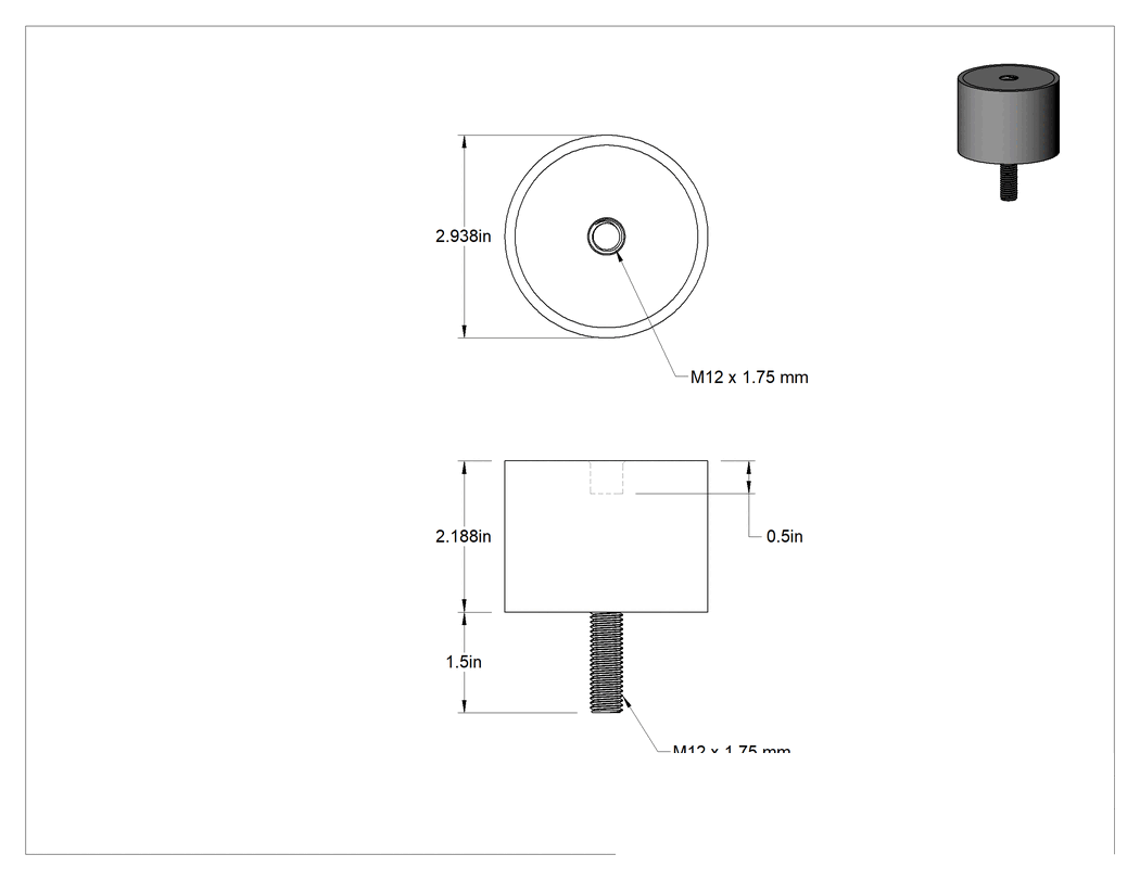 Teknik Çizim - Doğal Kauçuk Titreşim Sönümleyici Sandviç Montaj, M12 x 1.75 mm 304 Paslanmaz Çelik Saplama ve Ek Parça ile, 880 lbs. Kapasite
