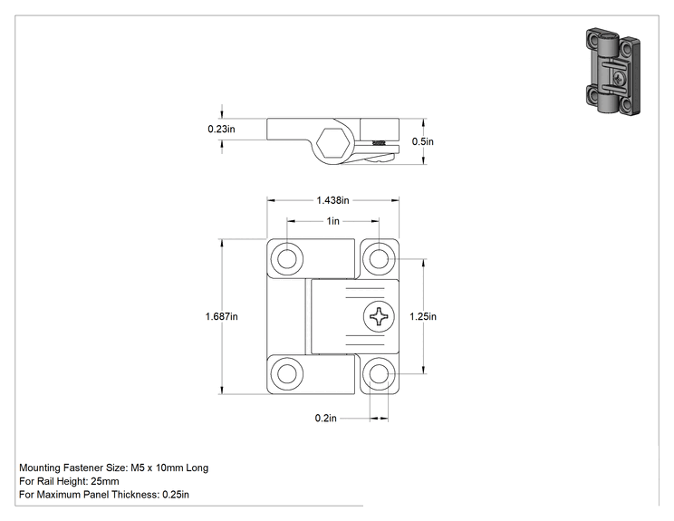 Teknik Çizim - T-Yivli Çerçeve, Ray-Panel Sürtünmeli Menteşe, 25 mm yüksek ray için, Siyah