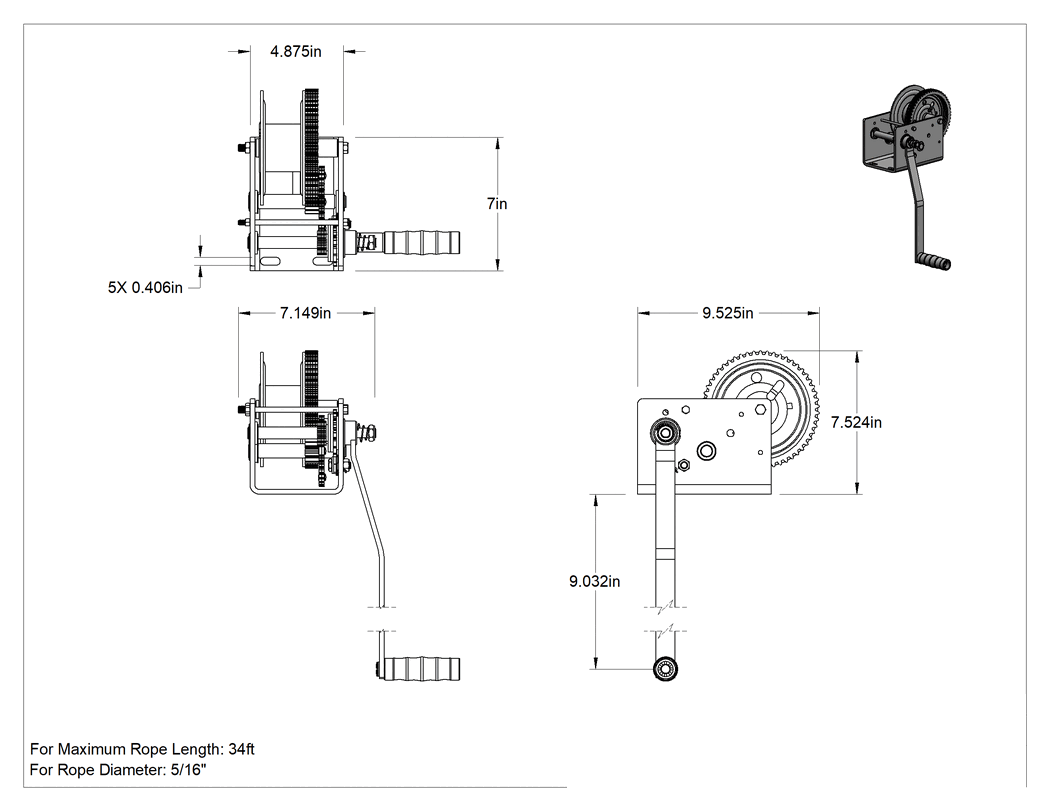 Teknik Çizim - Kaldırma için Tel Halat El Vinci, Sağ Taraf Tutamak, 175 ila 2500 lbs. Kapasite