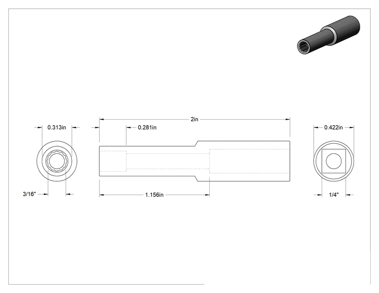 Teknik Çizim - Krom Kaplı 12 Uçlu Derin Lokma Anahtarı, 1/4" Tahrik, 3/16" Boyut