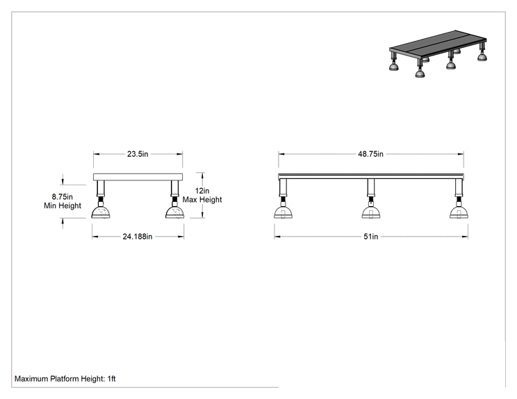 Teknik Çizim - Yuvarlanan Çalışma Platformu, Sarı Toz Boyalı Çelik, 8-3/4" ila 12" Yükseklik x 51" Toplam Genişlik