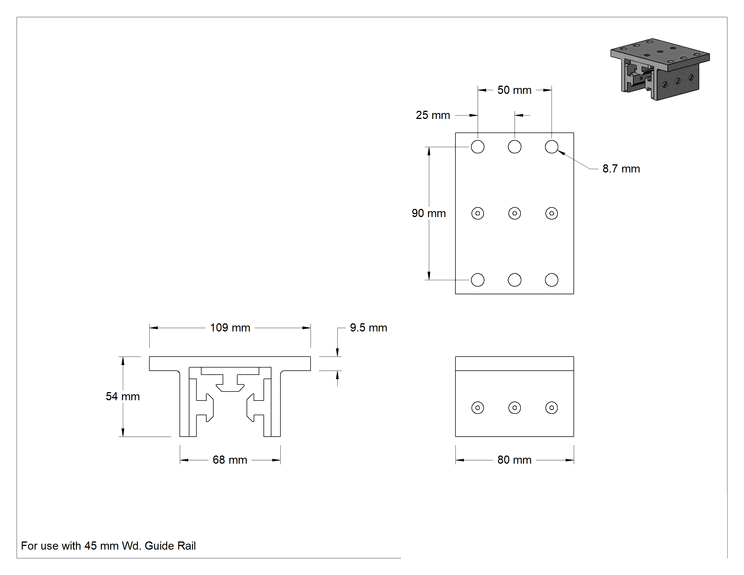 Teknik Çizim - T-Yivli Çerçeve için Manşonlu Yatak Taşıyıcısı, 45 mm Genişliğinde Tek Ray için, 80 mm Uzunluk