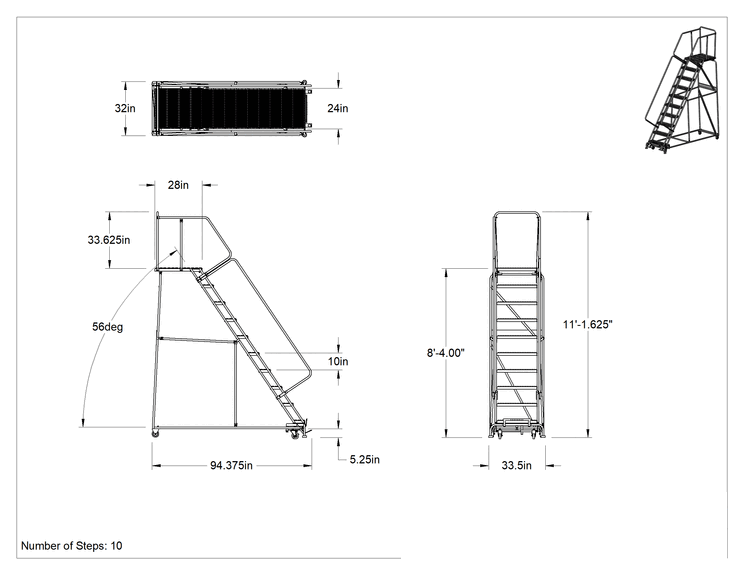 Teknik Çizim - Montajlanmamış Tırtıklı Platformlu Tekerlekli Merdiven, 10 Kademeli, 8'4" Yükseklik x 28" Derinlikli Platform, 11'1 inç Toplam Yükseklik