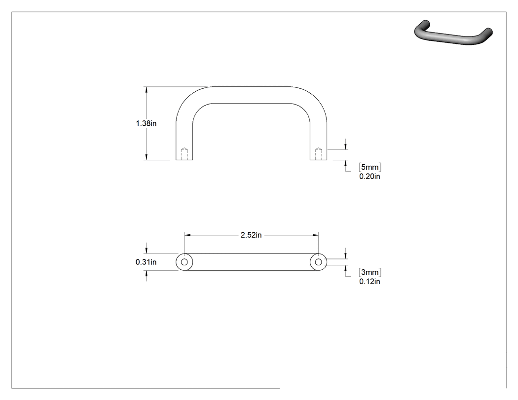 Teknik Çizim - 304 Paslanmaz Çelik Kaynaklı Çekme Kolu, 2-1/2" Genişlik