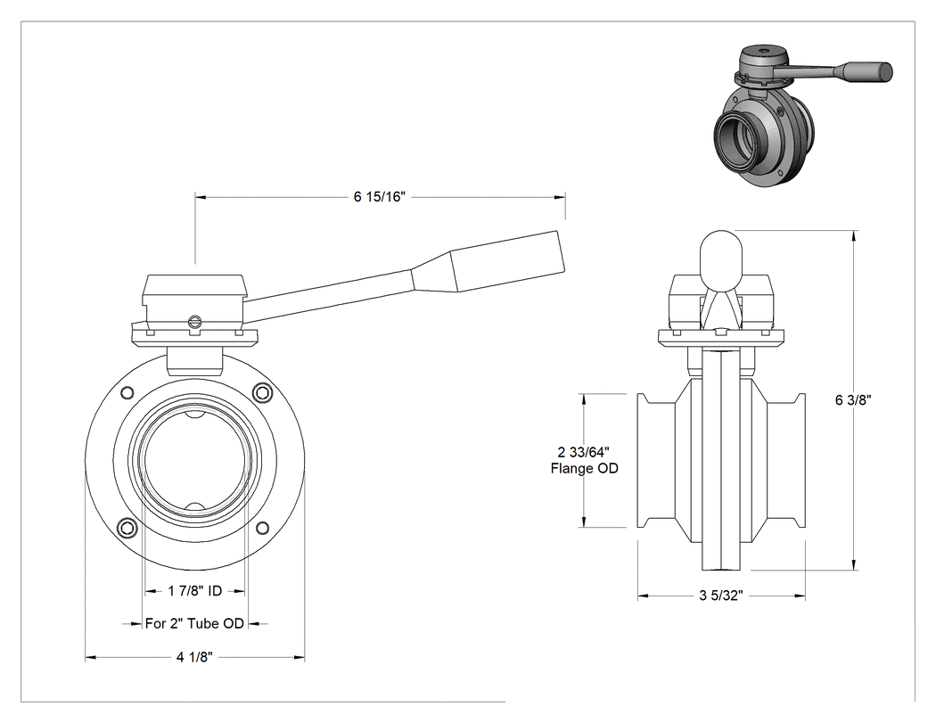 Teknik Çizim - 304 Paslanmaz Çelik Akış Ayar Valfi, Yiyecek ve İçecek, Hijyenik Hızlı Kelepçeli Uçlar, Silikon Yuvası, 2" Boru Dış Çapı