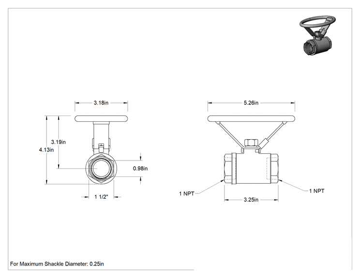 Teknik Çizim - Ultra Korozyon Dirençli Tam Açıklıklı Açma/Kapama Vanası, Kilitlenebilir Oval Tutamaklı, 1 NPT Dişi