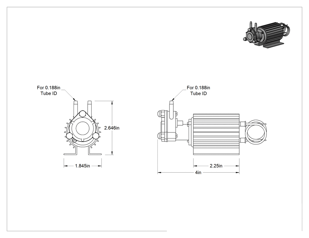 Teknik Çizim - Su ve Yağ için Kompakt Sabit Akış Hızlı Pompa, Zorlu Ortam, 12V DC, 0.61 gpm