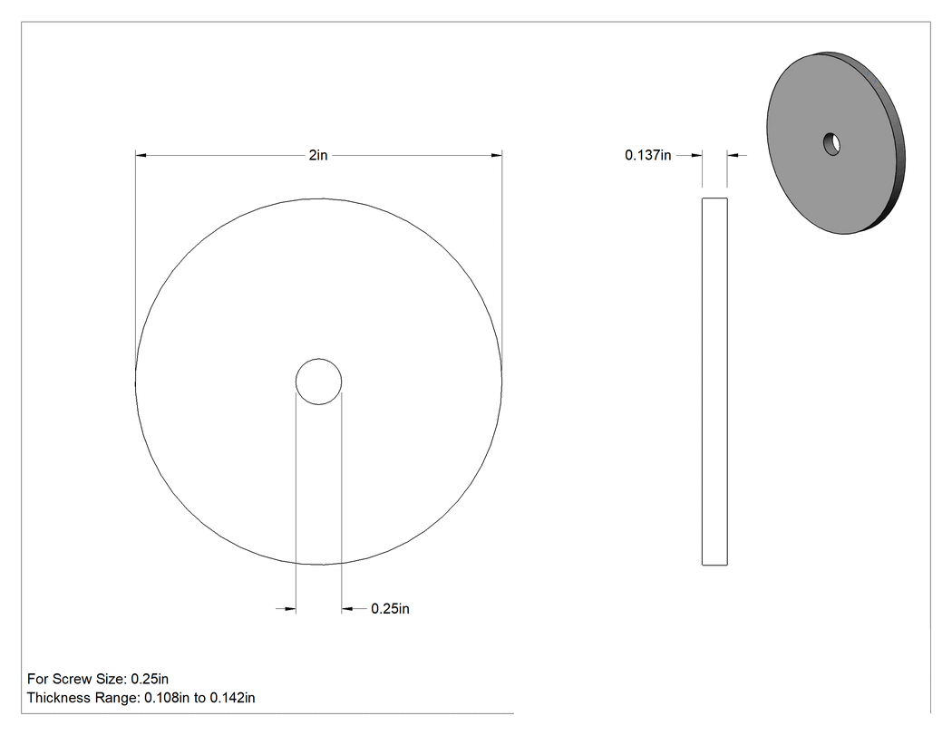 Teknik Çizim - Fiberglas Pul, 1/4" Vida Boyutu için, 0.250" İç Çap, 2.000" Dış Çap
