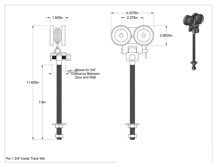 Teknik Çizim - Cıvatalı Yatay Ayarlanabilir Askı, 11-5/8" Yükseklik, 1.75" İç Genişlikli Makaralı Ray için