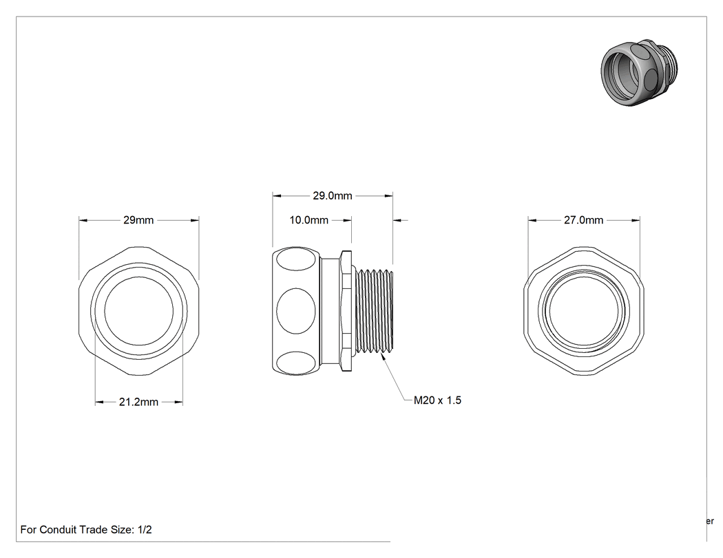 Teknik Çizim - 1/2 Sıkıştırmalı Dişi x M20 Erkek Adaptör, Korumalı Esnek Plastik Kanal için