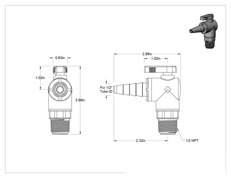 Teknik Çizim - Tırnaklı Bağlantı Parçalı Plastik Açma/Kapama Vanası, 3/8", 1/2" ve 5/8" boru iç çapı x 1/2 NPT erkek, Dirsek