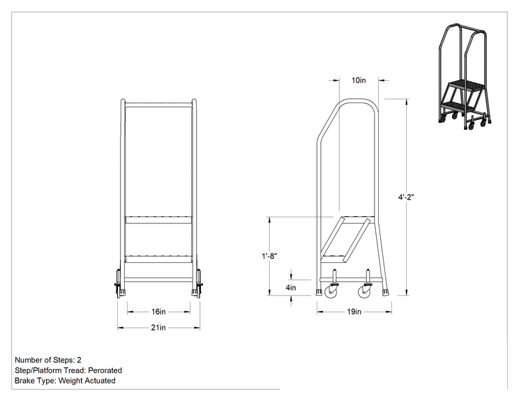 Teknik Çizim - Yuvarlanan Platform Merdiveni, 2 adet Delikli Basamaklı, 4'2" Yükseklik x 21" Genişlik x 19" Derinlik Toplam