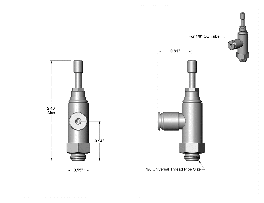 Teknik Çizim - Kadran Ayarlı Yüksek Basınçlı Hava Akış Kontrol Vanası, Dirsek, 1/8 Erkek Boru Girişi x 1/8" Çıkış Borusu Dış Çapı
