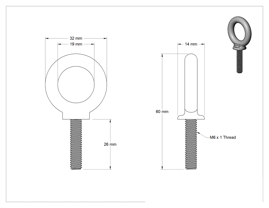 Teknik Çizim - Galvanizli Çelik Halka Cıvata - Kaldırma için, M6 x 1 Diş Boyutu, 26 mm Diş Uzunluğu