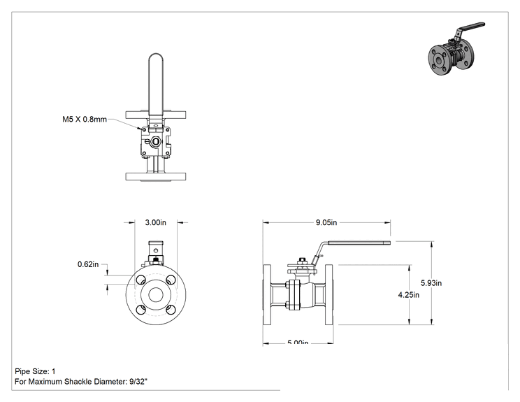 Teknik Çizim - Flanşlı 316 Paslanmaz Çelik Açma/Kapama Vanası, Tam Bağlantı, 1 Boru Boyutu, 150 Basınç Sınıfı