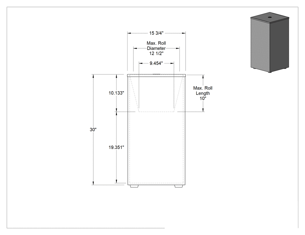 Teknik Çizim - Mendil Dağıtıcı, Çelik, 15.75 inç Genişlik x 15.75 inç Derinlik x 30 inç Toplam Yükseklik