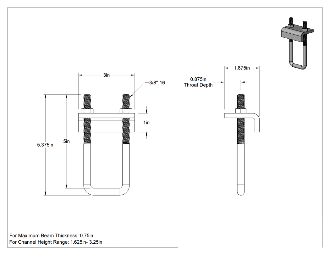 Teknik Çizim - Kiriş Kelepçesi, 1-5/8" ila 3-1/4" yüksek dikme kanalı için, 304 Paslanmaz Çelik