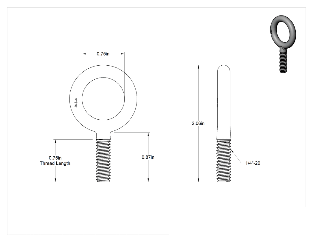 Teknik Çizim - Omuzsuz Çelik Halka Cıvata - Kaldırma için, 1/4"-20 Diş Boyutu, 1" Diş Uzunluğu