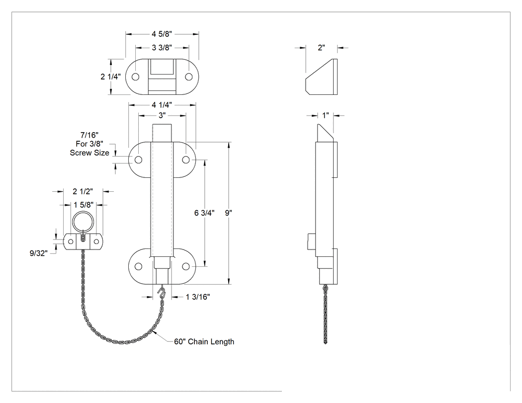 Teknik Çizim - Zincirli Yaylı Kayar Cıvata Mandalları, 9" Yükseklik x 4-1/4" Genişlik