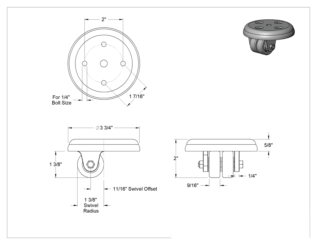 Teknik Çizim - Naylon Tekerlekli Düşük Profilli Tekerler, 1-3/8" Çaplı Siyah Naylon Tekerlekli