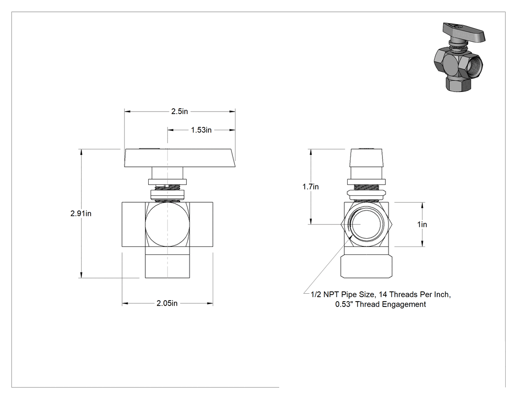 Teknik Çizim - Panele Monte Dişli Yön Değiştirme Valfi, L-Desen, Pirinç, 1/2 NPT Dişi, Mavi T-Sap, 2.7Cv