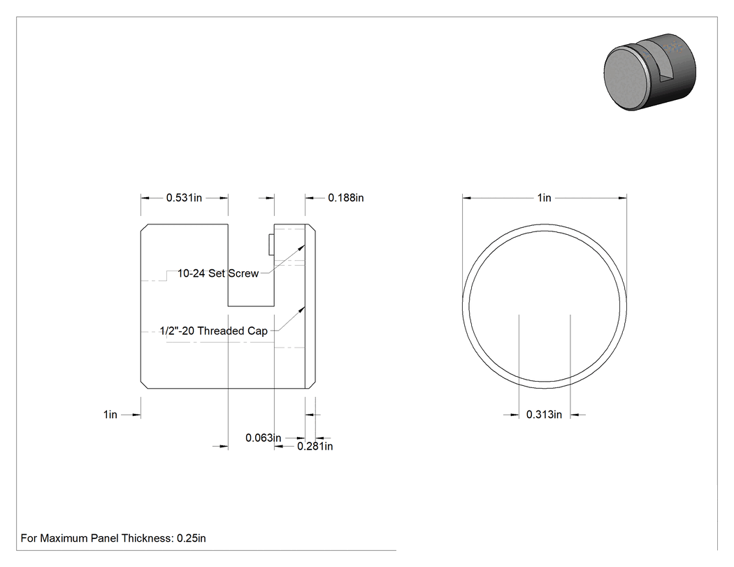 Teknik Çizim - Vidalı Tutma Mesafe Paneli Asma Braketi, 1/4" Maksimum Panel Kalınlığı için