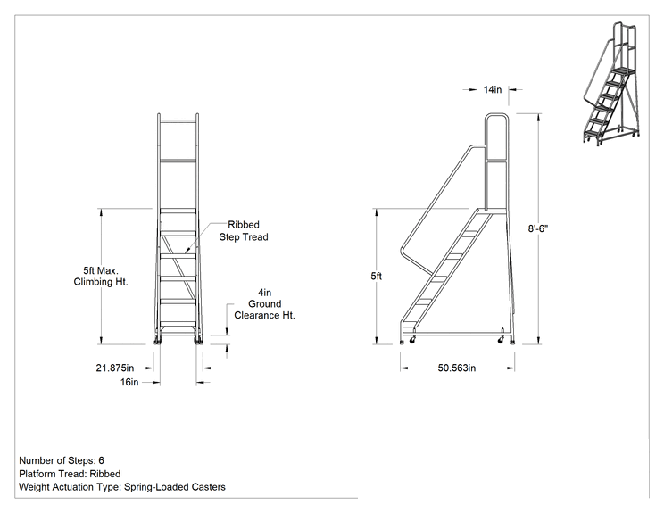 Teknik Çizim - Hafif Alüminyum Tekerlekli Platform Merdiveni, Yivli Basamaklar, 8'6" Yükseklik x 22" Genişlik x 51" Derinlik Toplam