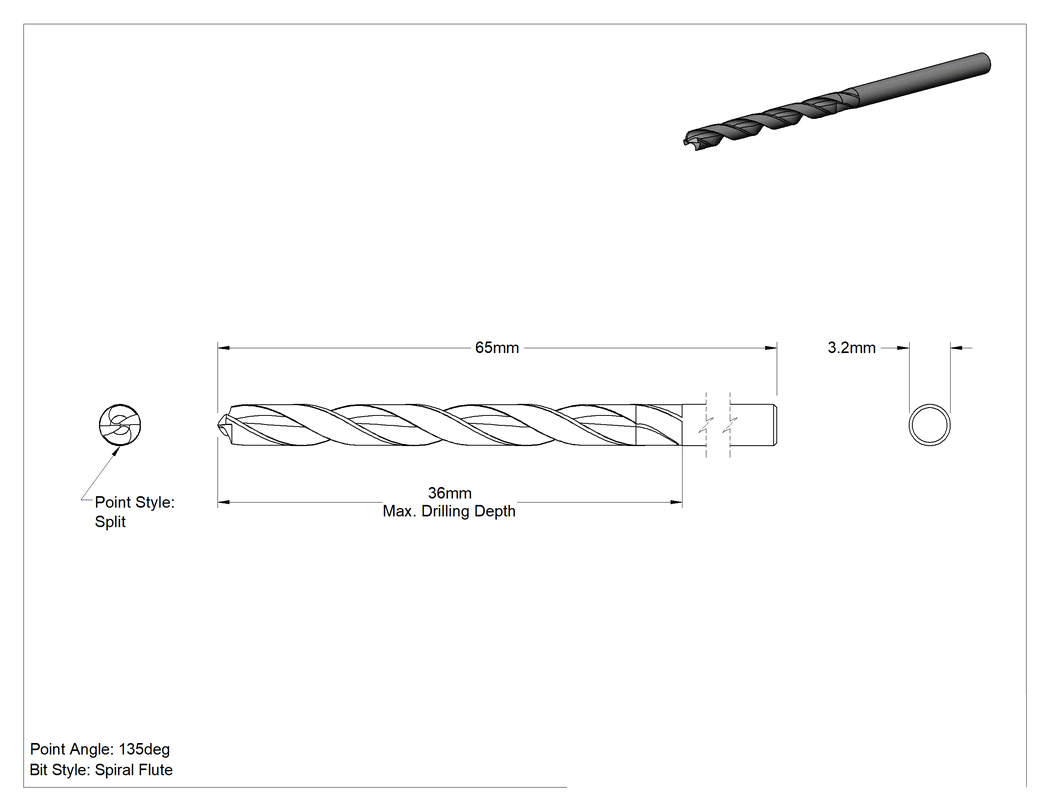 Teknik Çizim - Kobalt Çelik Matkap Ucu, TiAlN Kaplı, Jobber, 3.2 mm Boyut, 65 mm Toplam Uzunluk