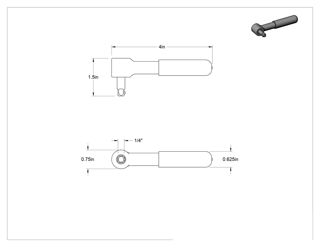 Teknik Çizim - Fabrika Ayarlı Kayma Serbest Bırakmalı Tork Anahtarı, Ayak-Lbf. Biriminde Tork, Cırcırlı Olmayan, 1/4" Kare Tahrik, 4" Uzunluk