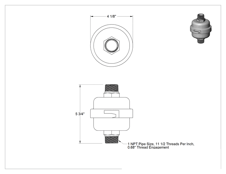 Teknik Çizim - Hat Üstü Hava Giriş Filtresi, 1 NPT Erkek, 14.7 PSI'da 25 scfm Maksimum Akış Hızı