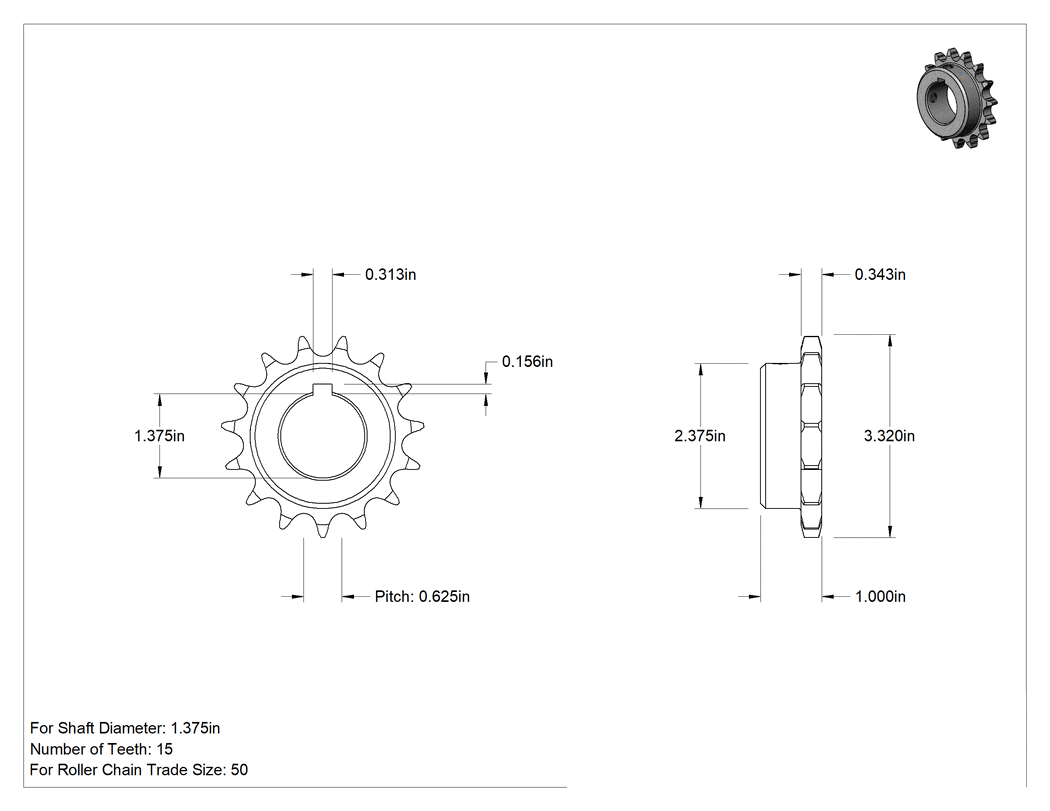 Teknik Çizim - Çelik Tek Sıralı Dişli, ANSI 50 Makaralı Zincir ve 1-3/8" Mil Çapı için, 15 Diş