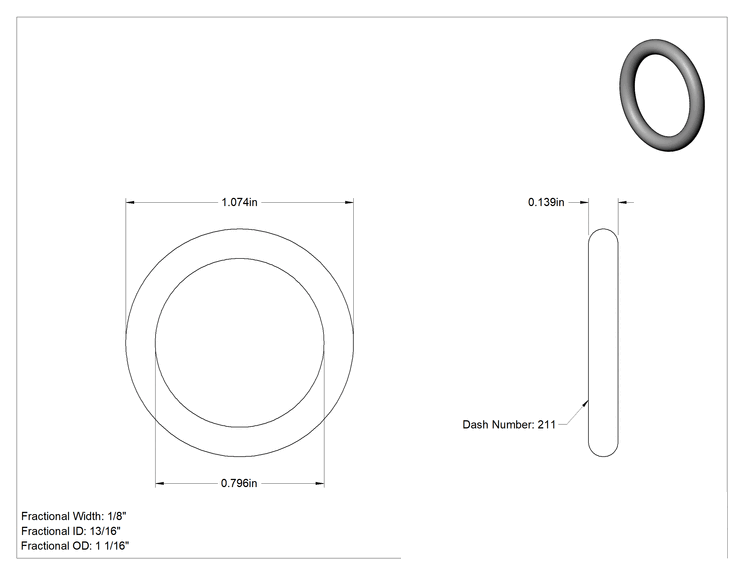 Teknik Çizim - Metal Dedektörü Sınıfı Floroelastomer O-Ring, Kimyasal Dayanıklı, 1/8 Kesirli Genişlik, Dash No. 211
