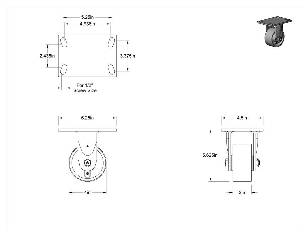 Teknik Çizim - Yüksek Kapasiteli Spartan Tekerlek, 6-1/4" x 4-1/2" Plaka, 4 inç Çapında Metal Tekerlekli Sert