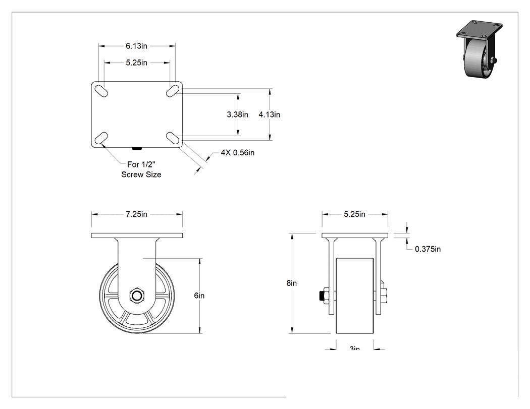 Teknik Çizim - Metal Tekerlekli Ekstra Yüksek Kapasiteli Brute Tekerler, Ekstra Yüksek Kapasiteli, 6" Çapında Demir Tekerlekli Sert