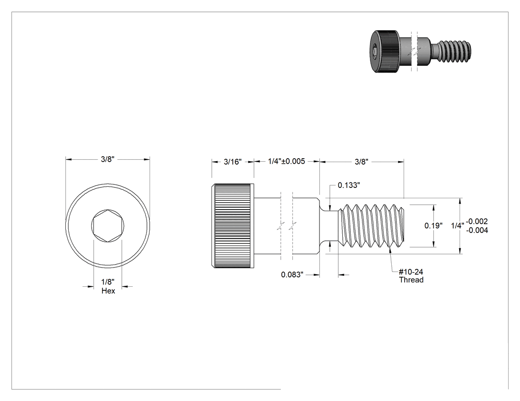 Teknik Çizim - Sertifikalı Alaşımlı Çelik Omuzlu Vida, 1/4" Omuz Çapı, 1/4" Omuz Uzunluğu, 10-24 Diş