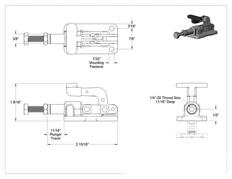 Teknik Çizim - İt/Çek Mandal Kelepçe, Kompakt, 18-8 Paslanmaz Çelik, 600 lbs. Kapasite, 11/16" Uzunluğunda Piston