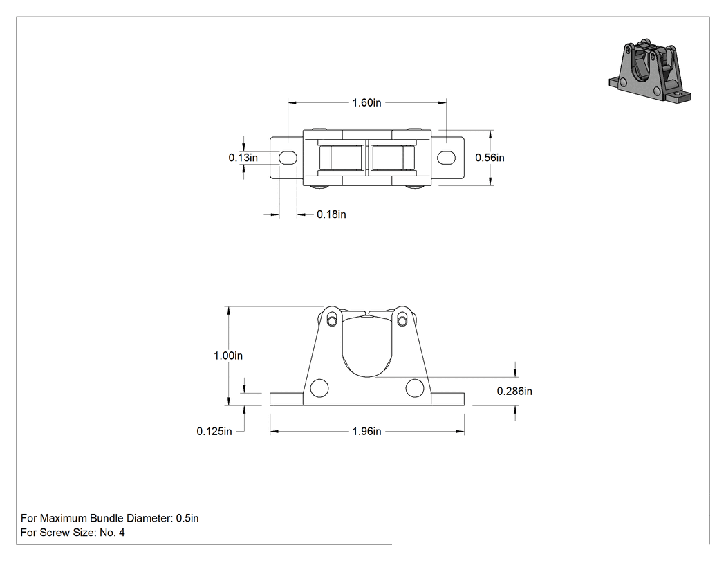 Teknik Çizim - Ayaklı Kablo Tutucu, Vidalı Montaj, 1/4" Taban - Demet Yüksekliği