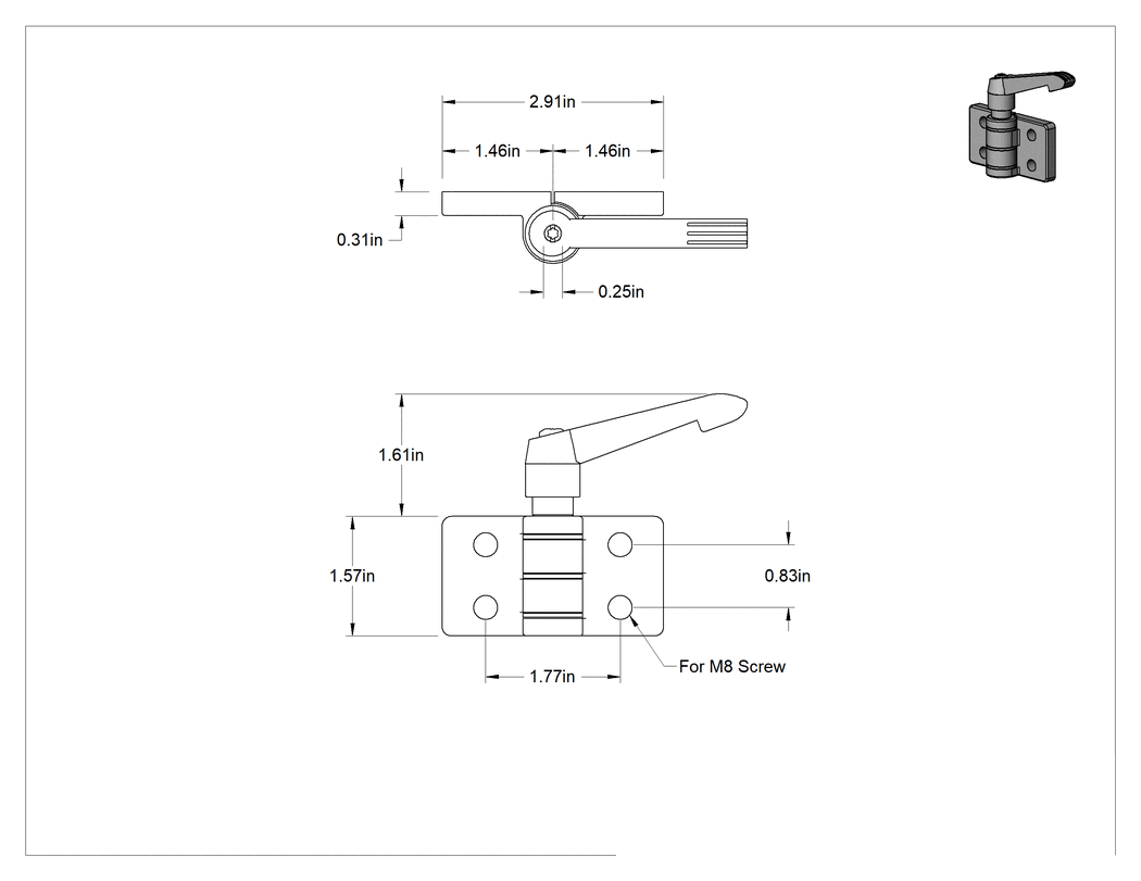 Teknik Çizim - Kol Kilitli Konum Menteşesi, Çinko, 1-1/2" x 1-7/16" Kapı Kanadı